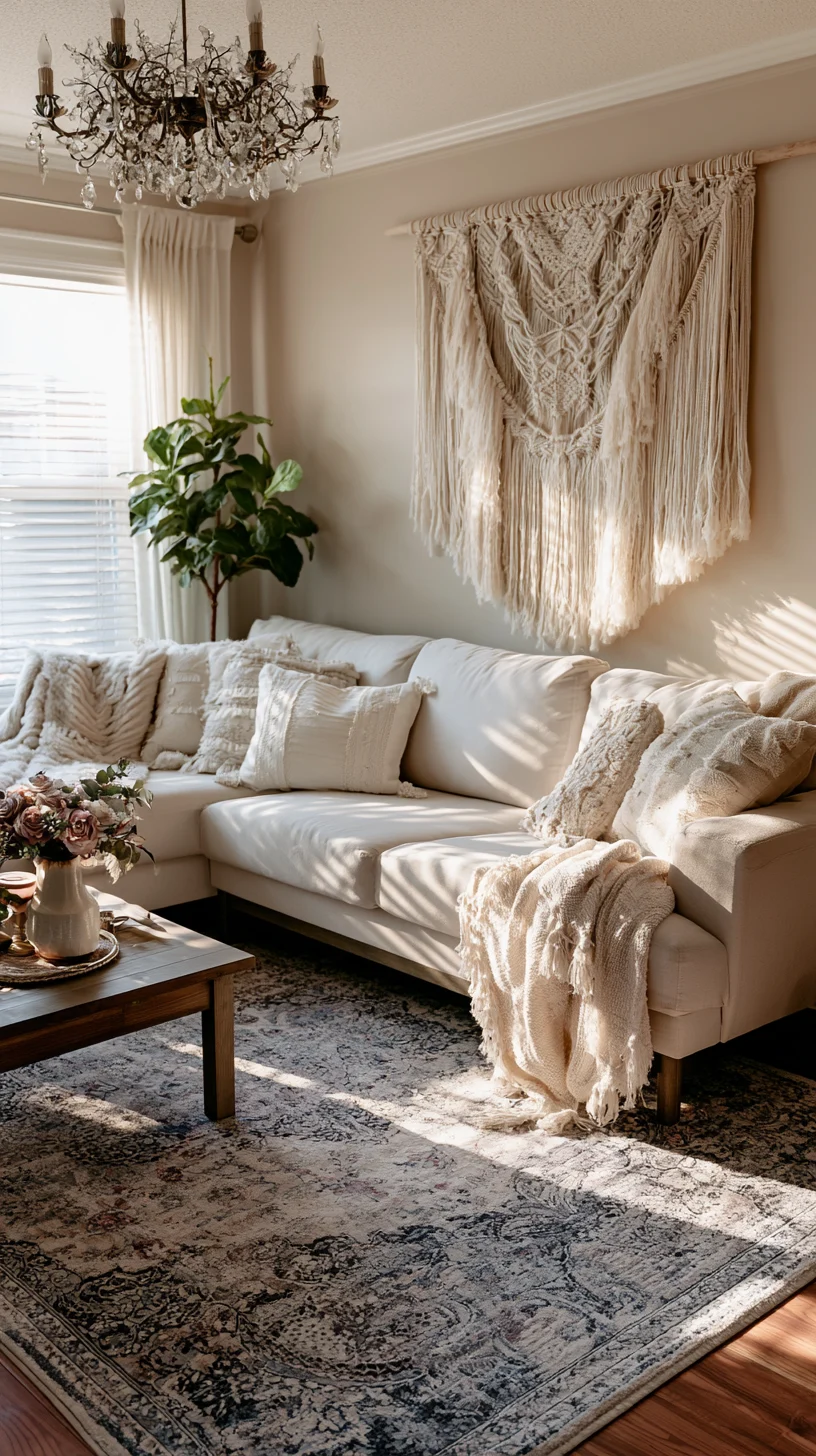 A large macrame wall hanging adding soft fiber texture above a living room sofa, photo 1 of 4