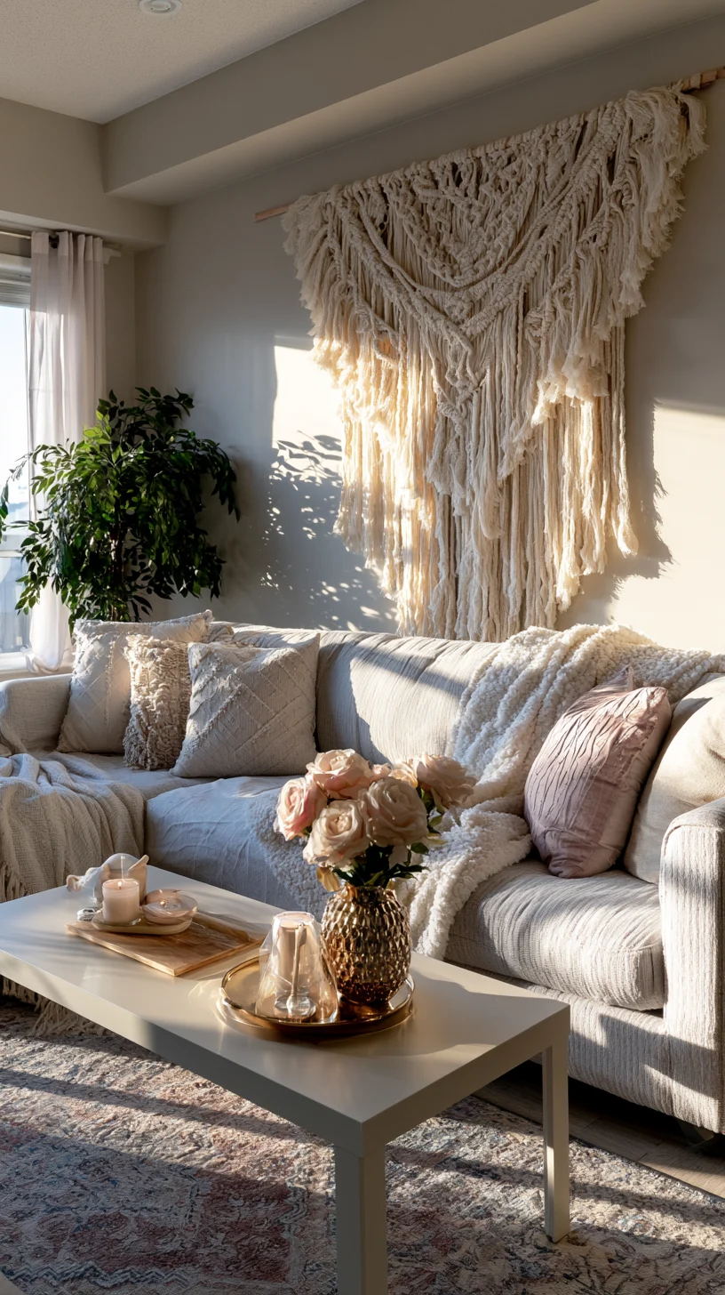 A large macrame wall hanging adding soft fiber texture above a living room sofa, photo 2 of 4
