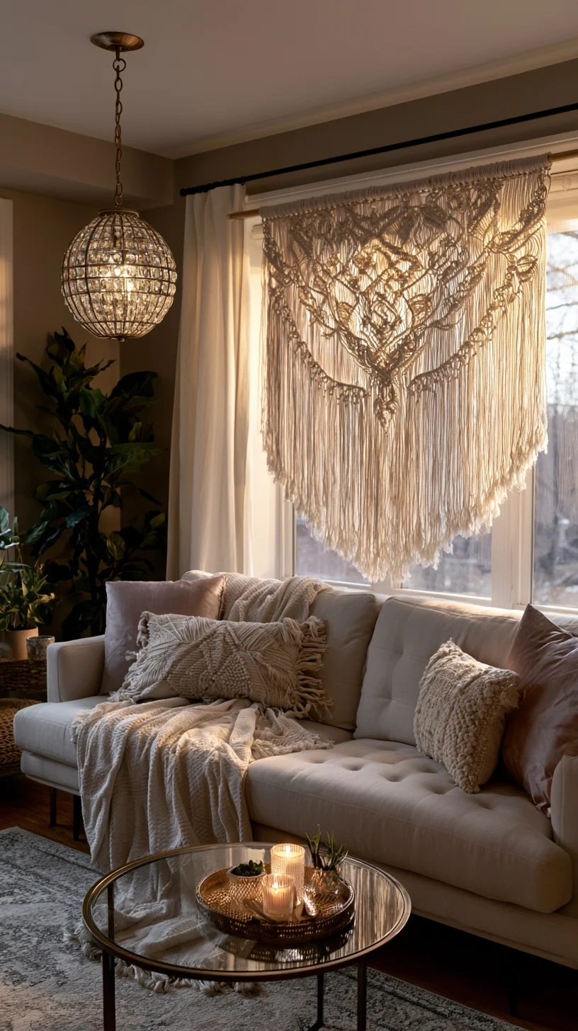 A large macrame wall hanging adding soft fiber texture above a living room sofa, photo 3 of 4