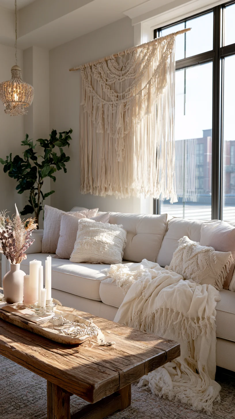 A large macrame wall hanging adding soft fiber texture above a living room sofa, photo 4 of 4