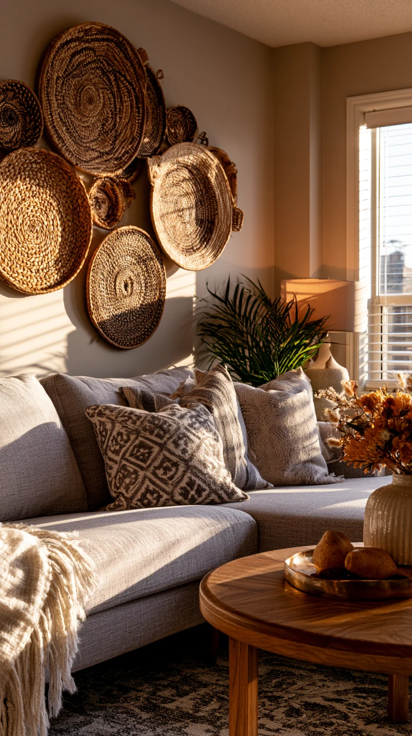A cluster of woven wall baskets grouped as organic art above a living room sofa, photo 1 of 4