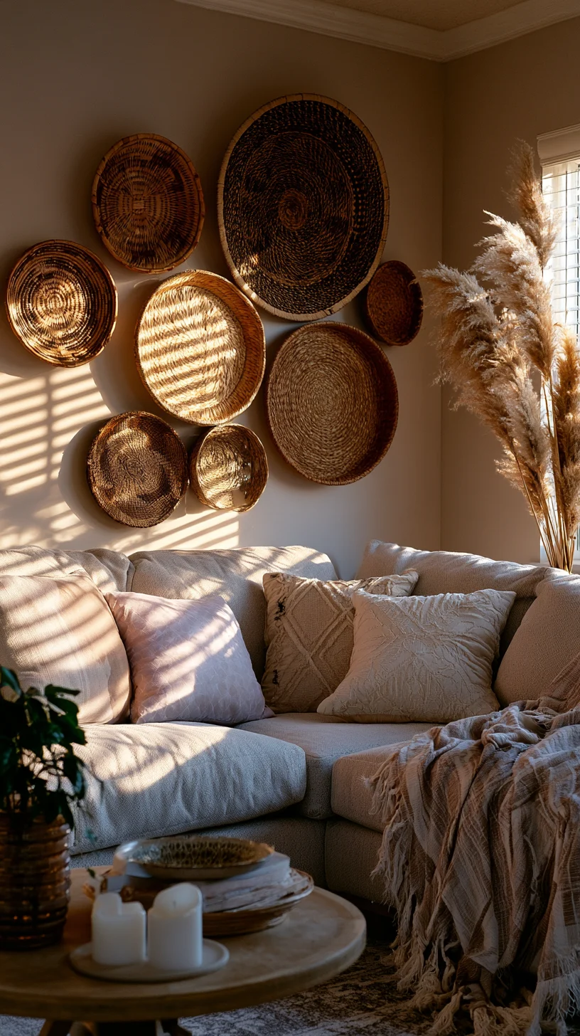 A cluster of woven wall baskets grouped as organic art above a living room sofa, photo 2 of 4