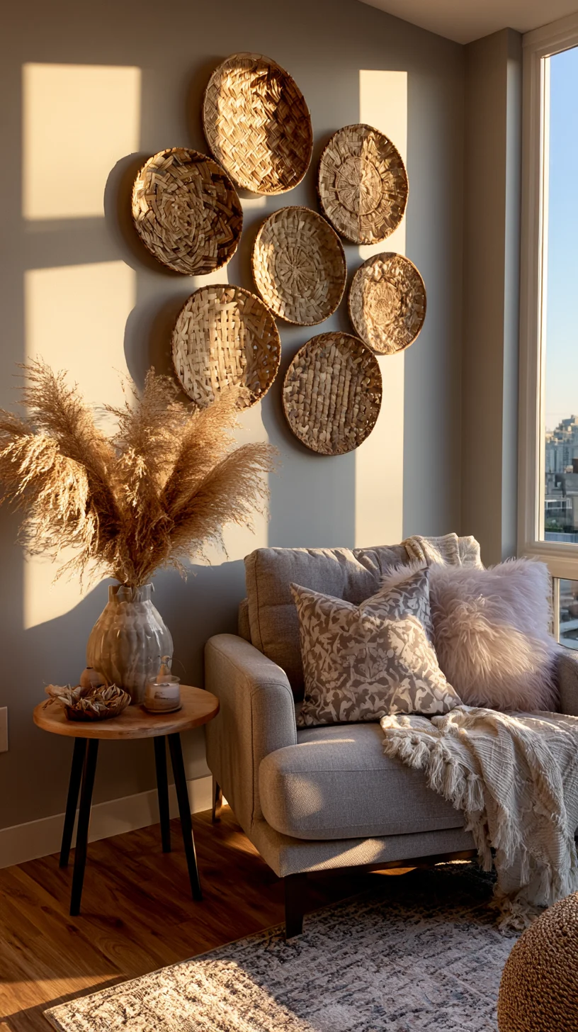 A cluster of woven wall baskets grouped as organic art above a living room sofa, photo 3 of 4