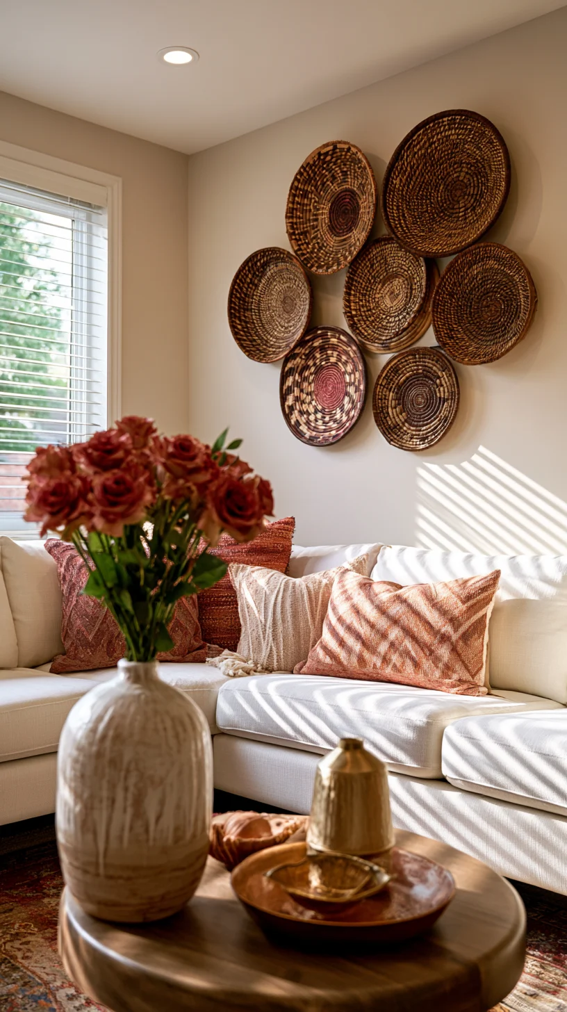 A cluster of woven wall baskets grouped as organic art above a living room sofa, photo 4 of 4