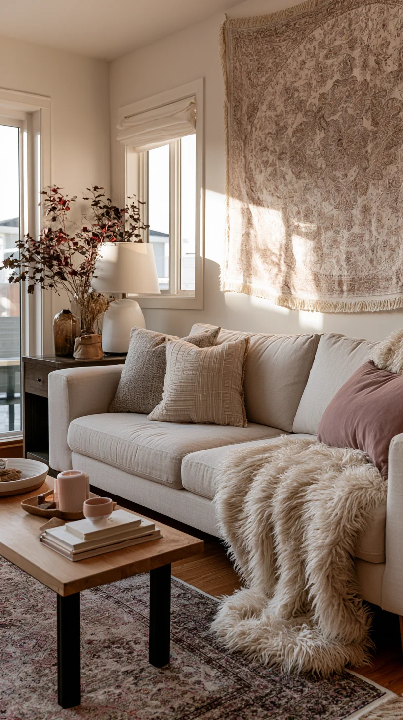 A large boho fabric tapestry draped across the wall above a living room sofa, photo 1 of 4