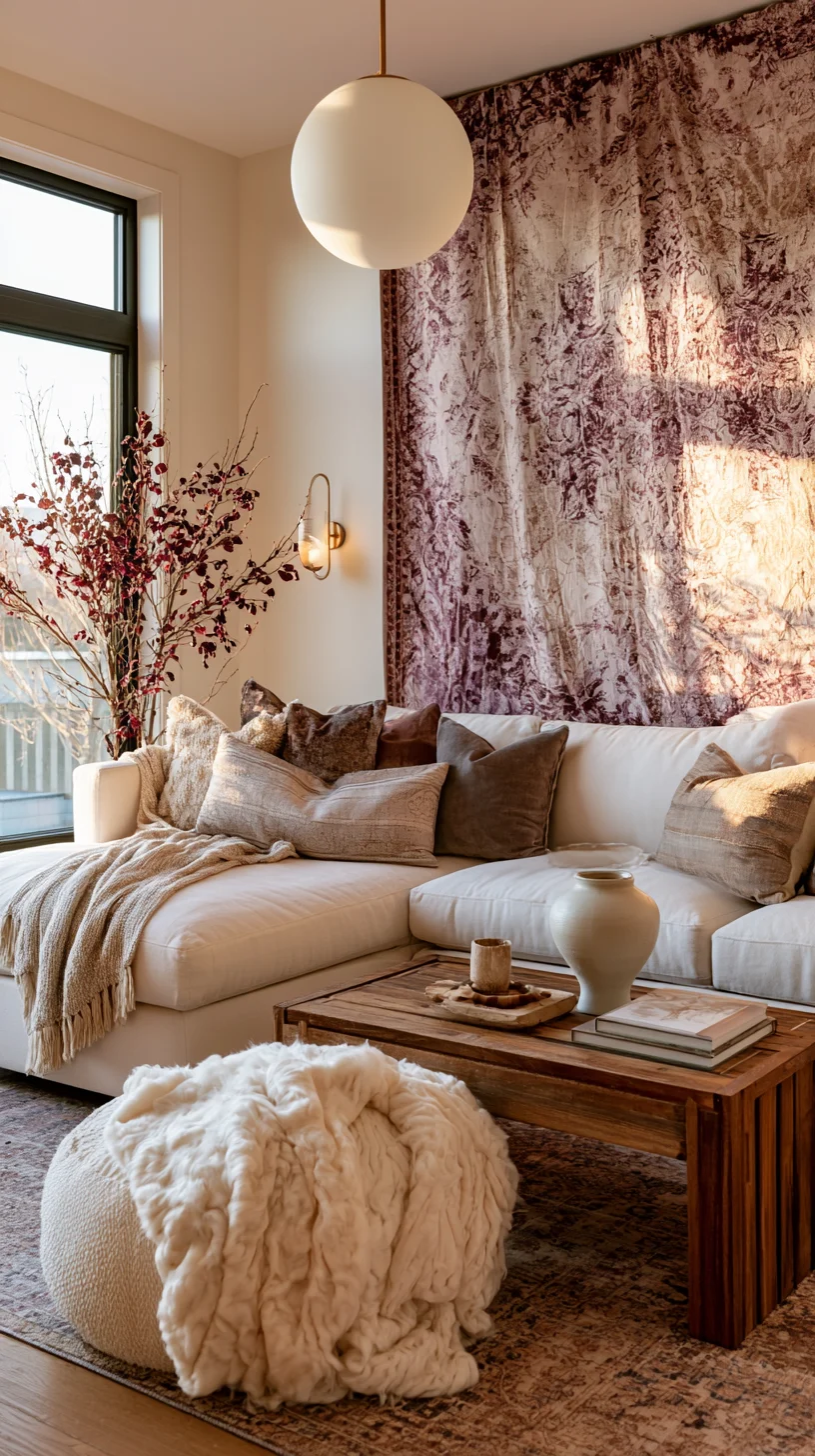 A large boho fabric tapestry draped across the wall above a living room sofa, photo 2 of 4