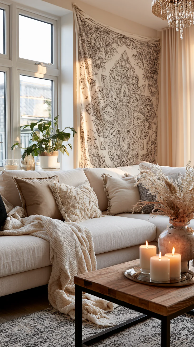 A large boho fabric tapestry draped across the wall above a living room sofa, photo 3 of 4