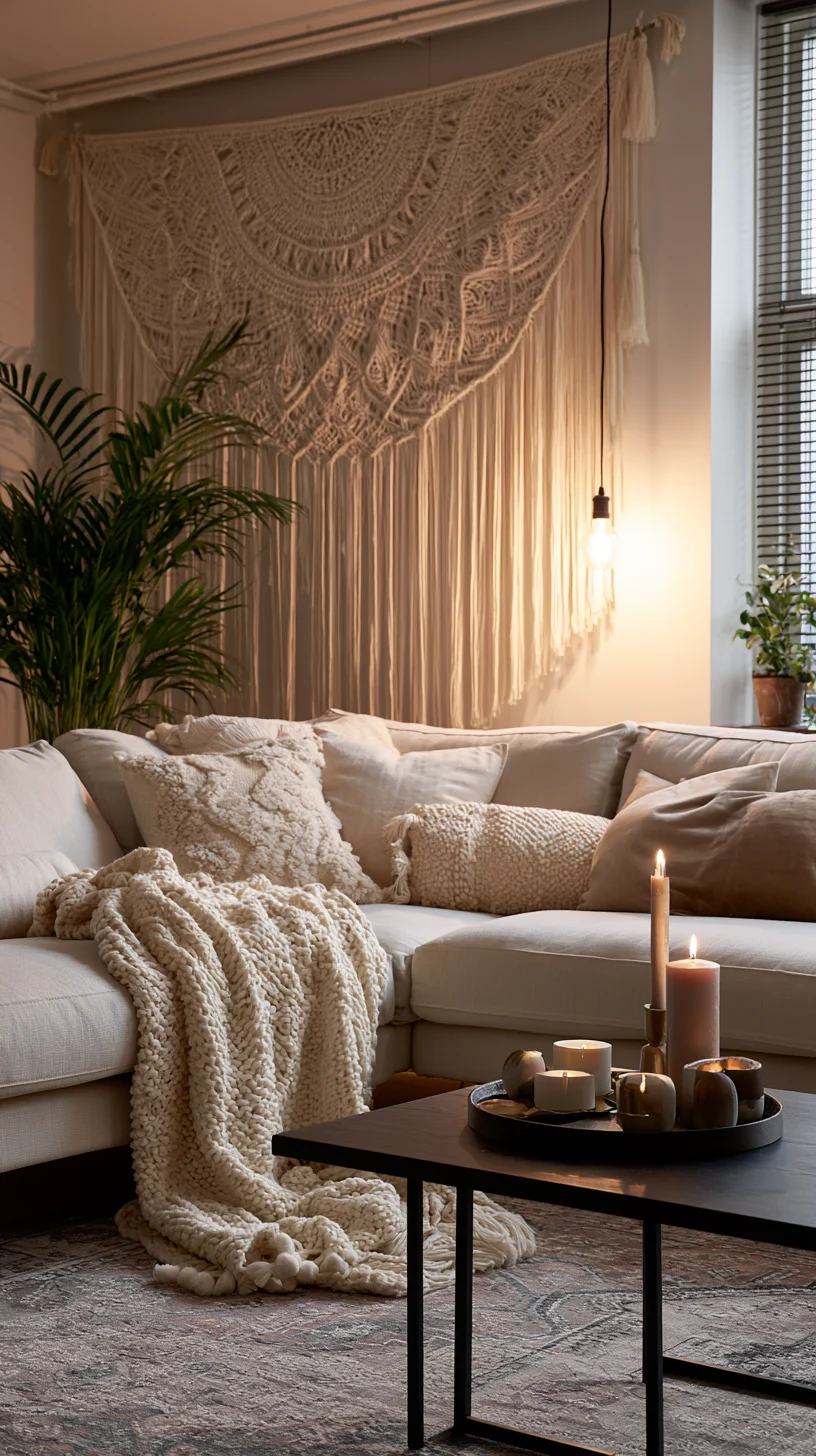 A large boho fabric tapestry draped across the wall above a living room sofa, photo 4 of 4