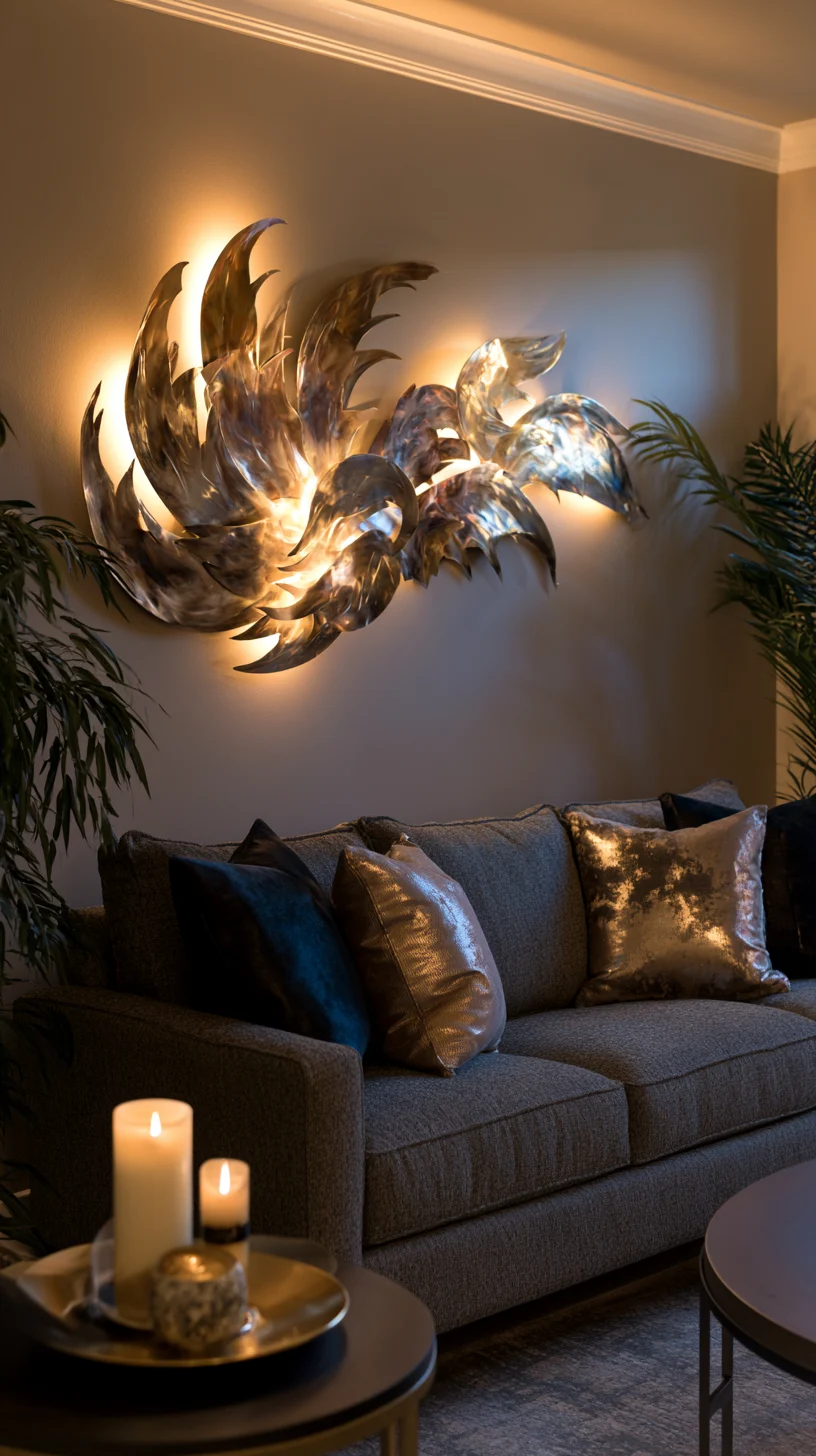 A modern metal wall sculpture set adding shine and shadow to a living room wall, photo 1 of 4