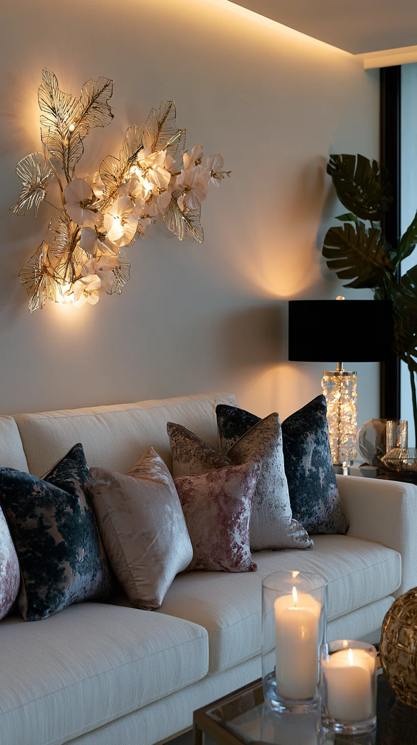 A modern metal wall sculpture set adding shine and shadow to a living room wall, photo 2 of 4