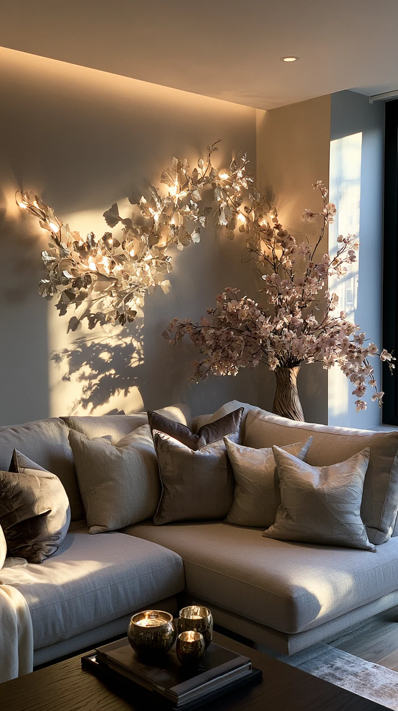 A modern metal wall sculpture set adding shine and shadow to a living room wall, photo 3 of 4