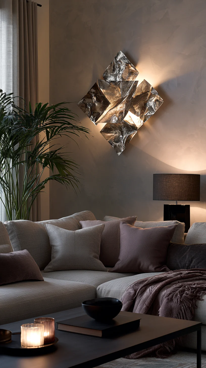 A modern metal wall sculpture set adding shine and shadow to a living room wall, photo 4 of 4