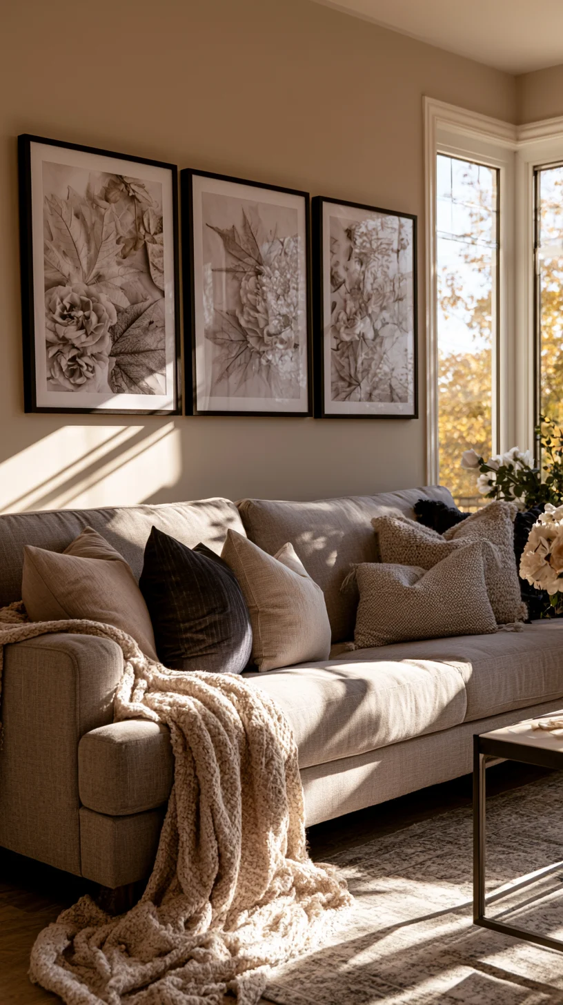 A trio of large framed botanical prints hung in a row on a living room wall, photo 1 of 4
