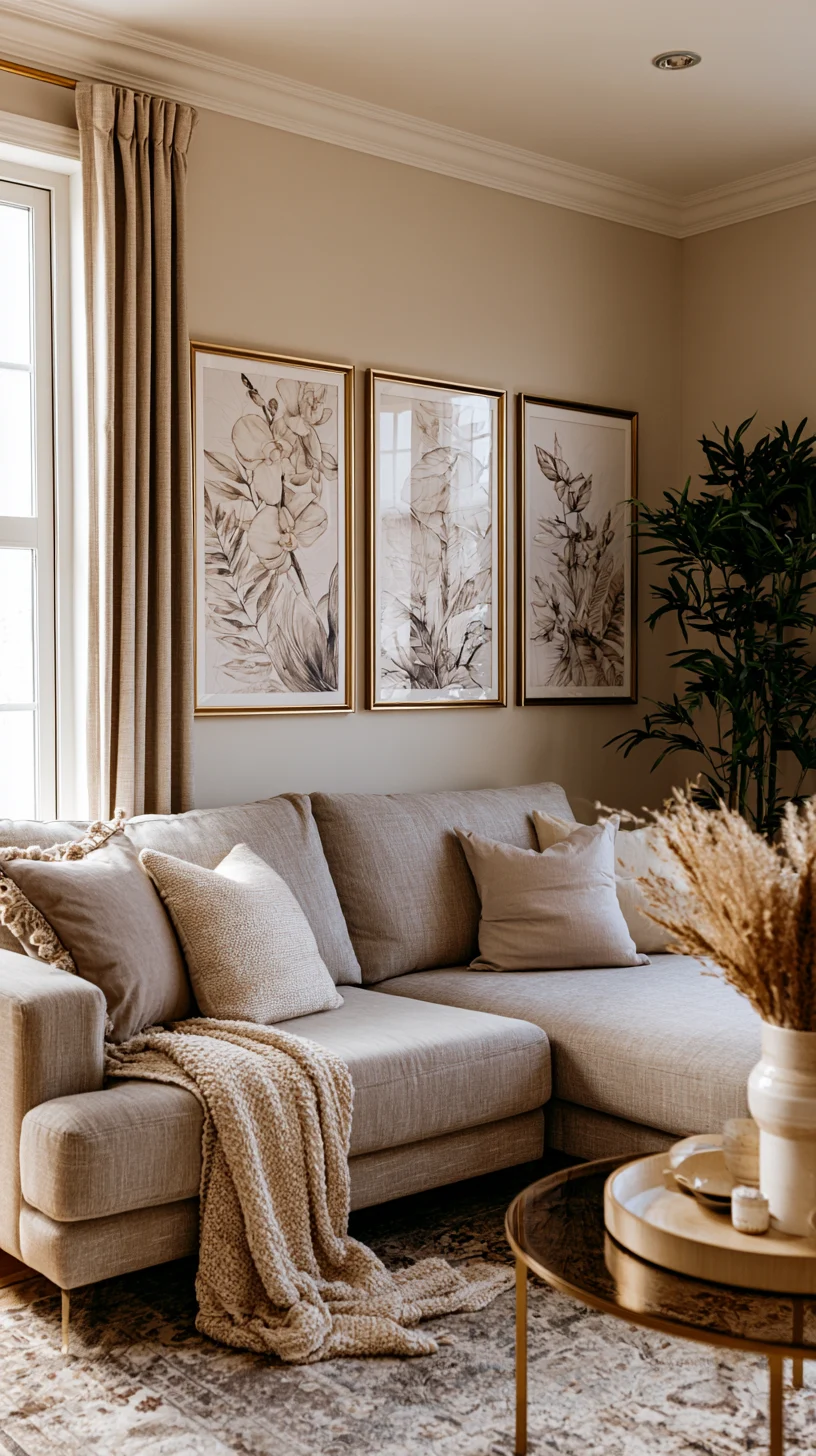A trio of large framed botanical prints hung in a row on a living room wall, photo 2 of 4