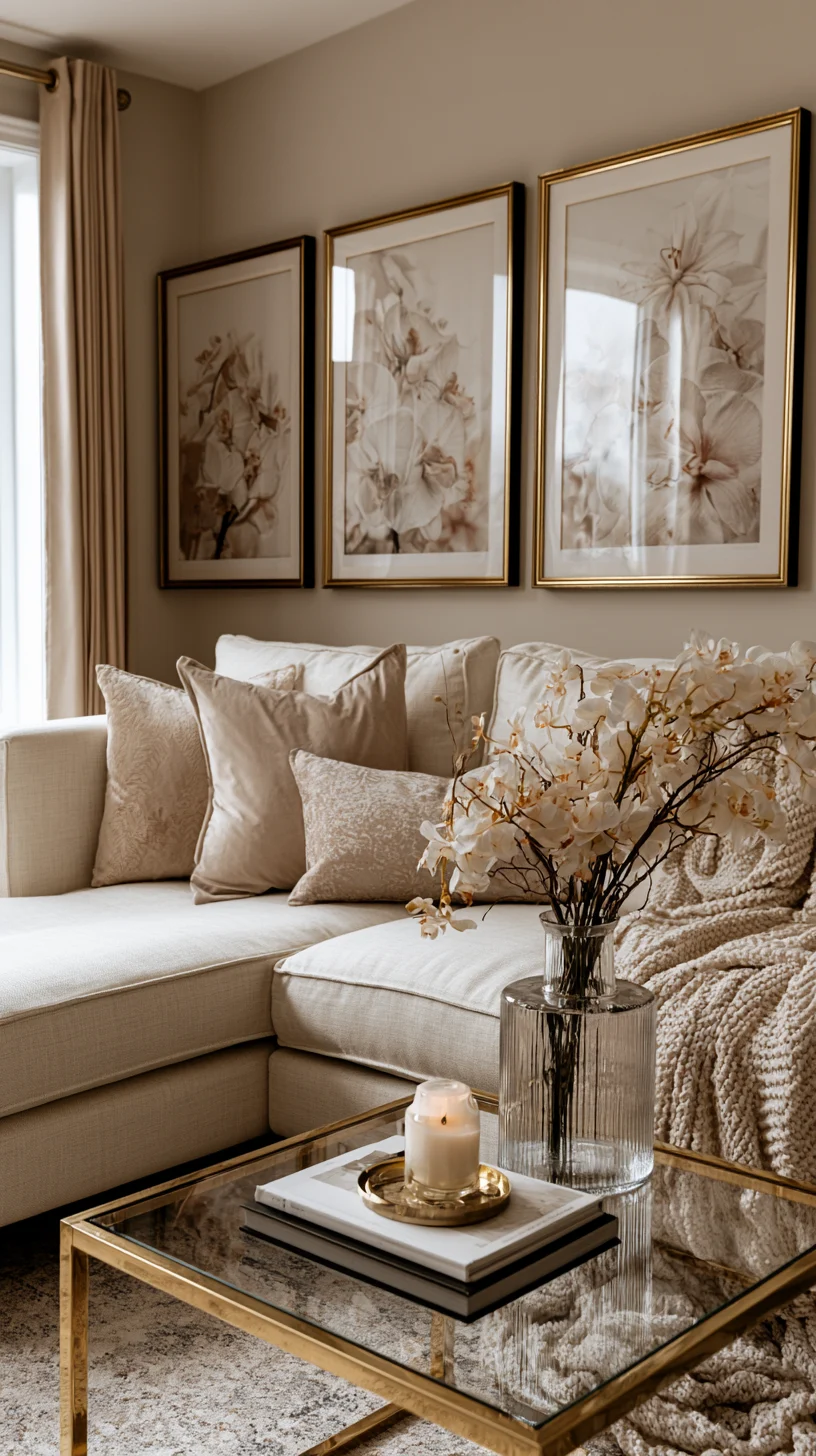 A trio of large framed botanical prints hung in a row on a living room wall, photo 3 of 4