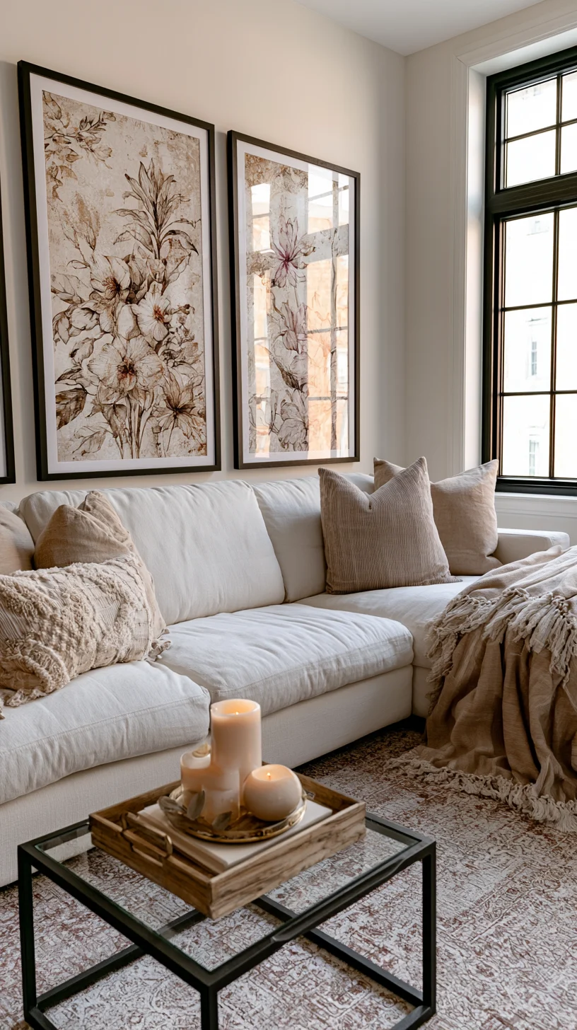 A trio of large framed botanical prints hung in a row on a living room wall, photo 4 of 4