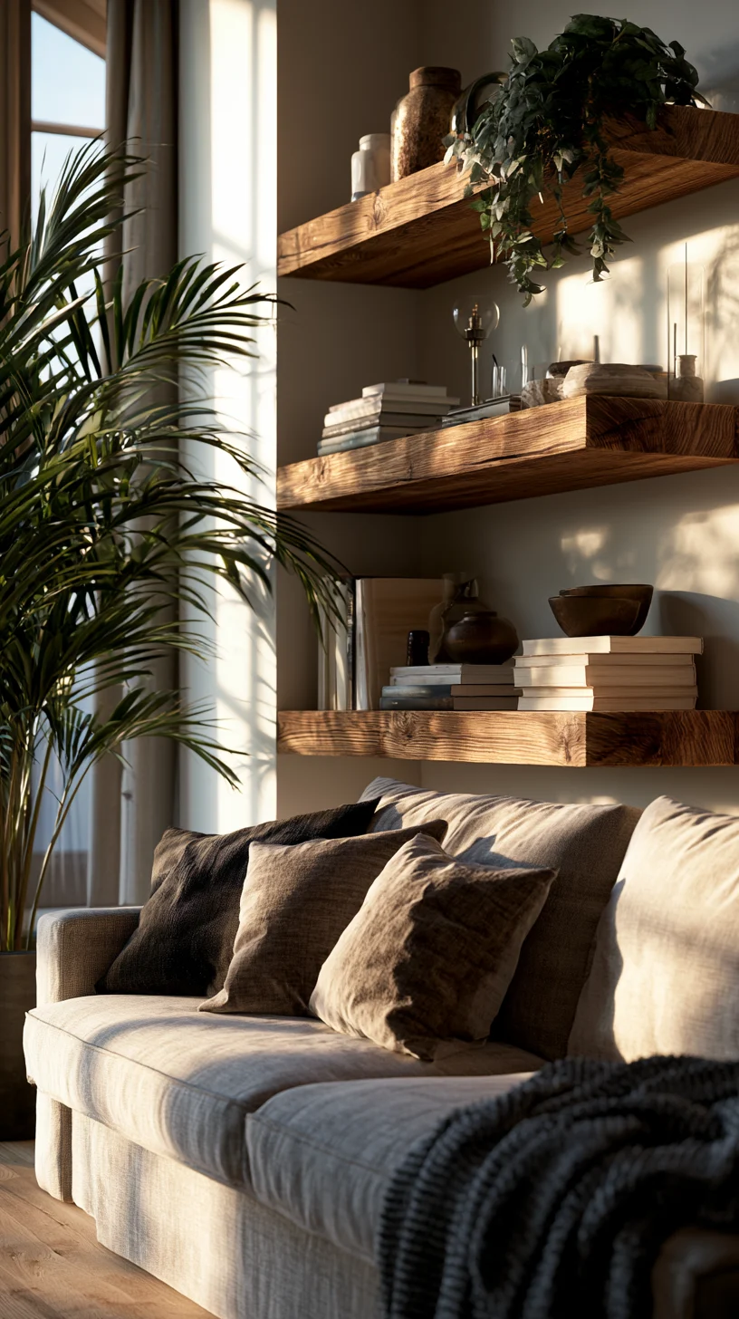 Long floating shelves styled with art and objects on a modern living room wall, photo 1 of 3