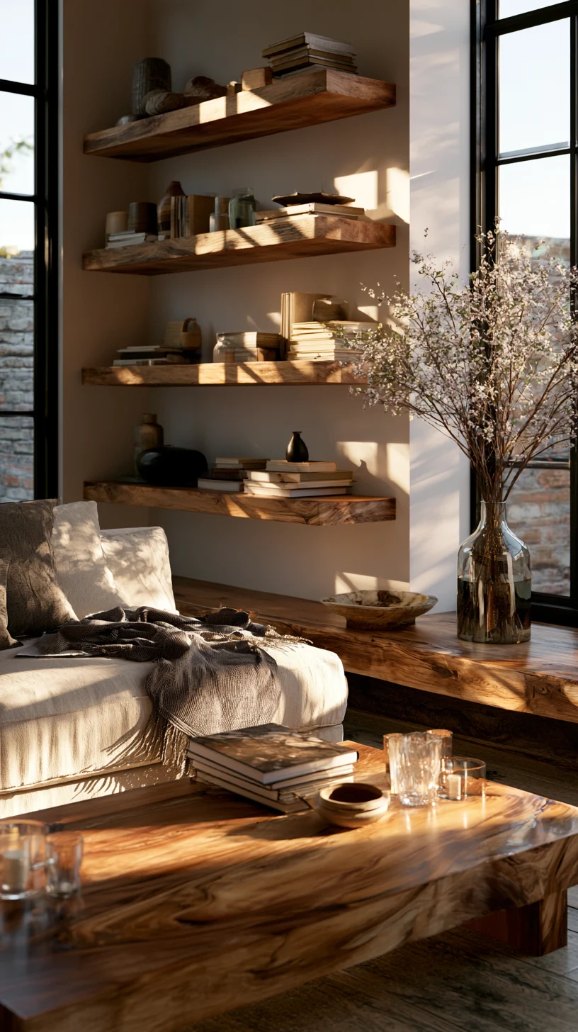 Long floating shelves styled with art and objects on a modern living room wall, photo 2 of 3