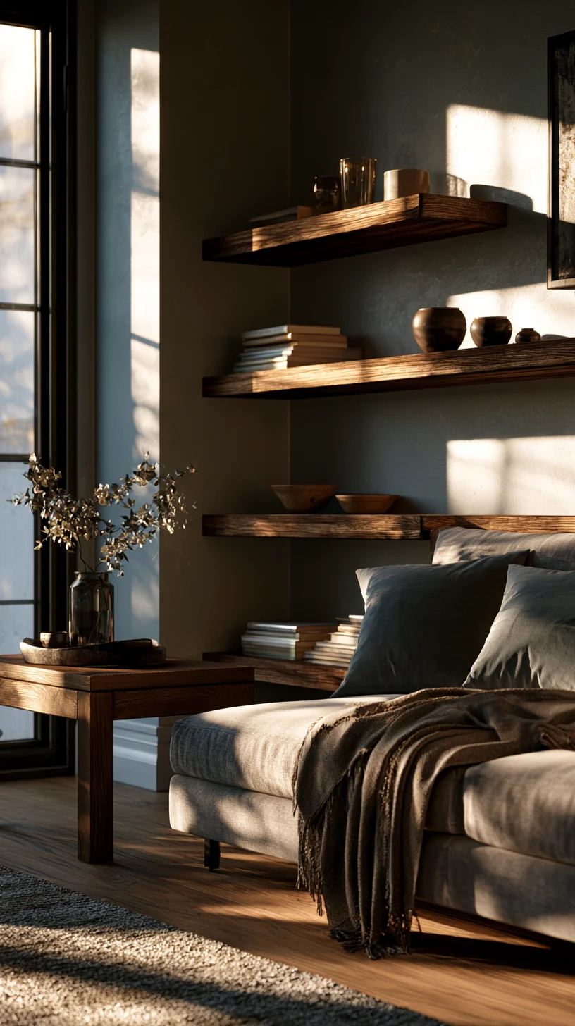 Long floating shelves styled with art and objects on a modern living room wall, photo 3 of 3