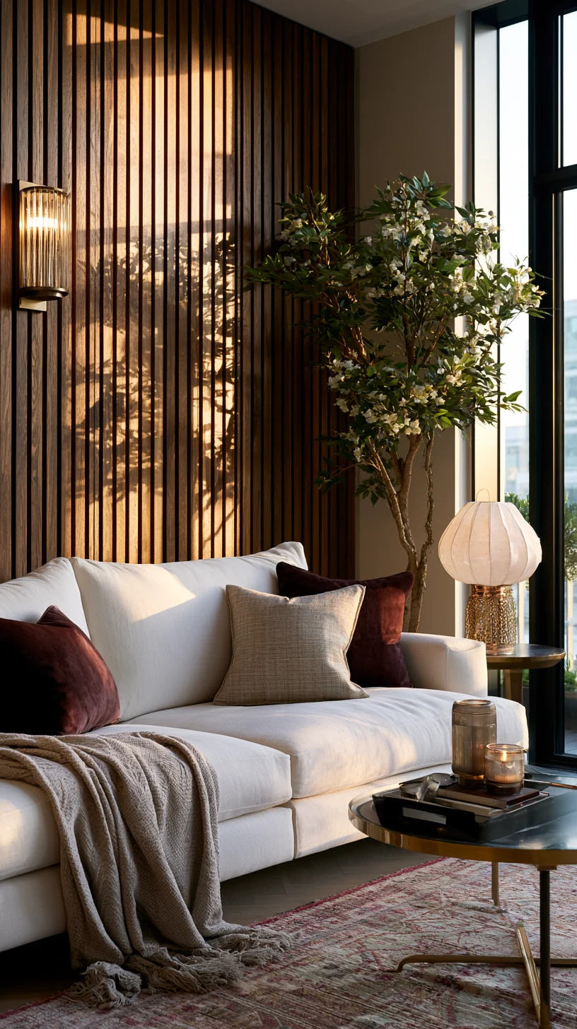 Textured wood wall panels covering a feature wall in a modern living room, photo 1 of 4