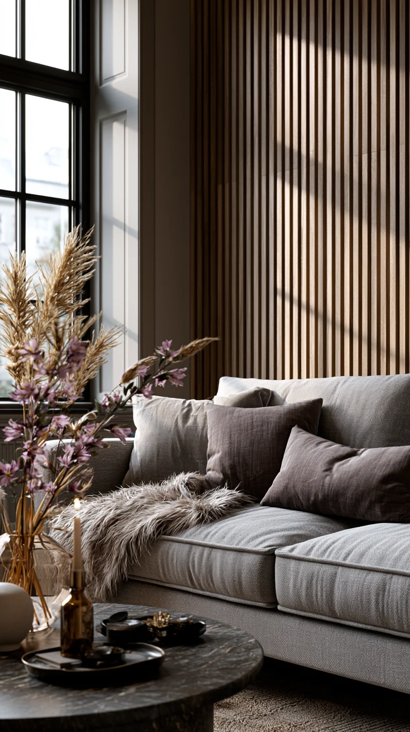 Textured wood wall panels covering a feature wall in a modern living room, photo 2 of 4