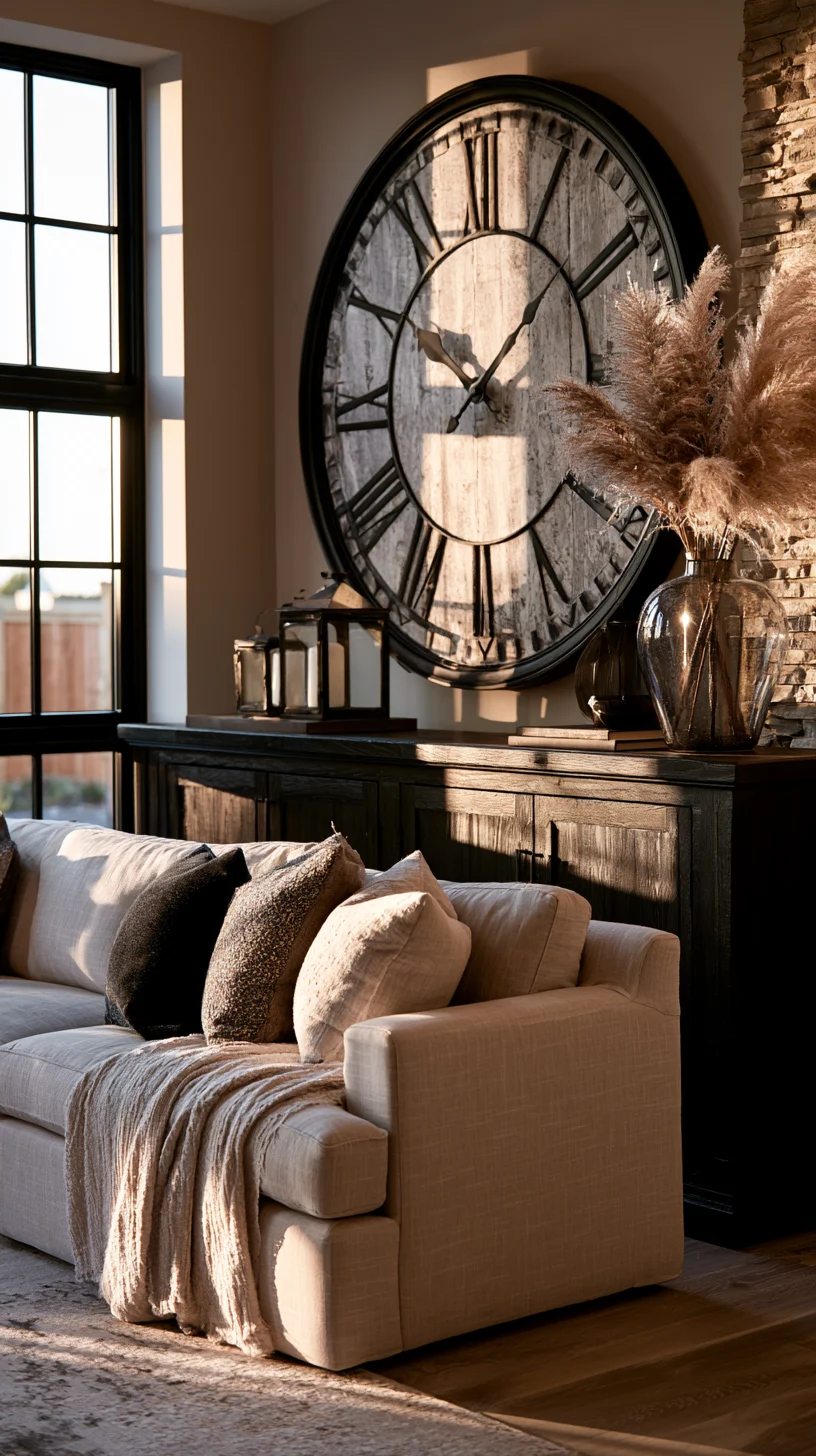 An oversized rustic wall clock as a large decorative focal point in a living room, photo 1 of 4