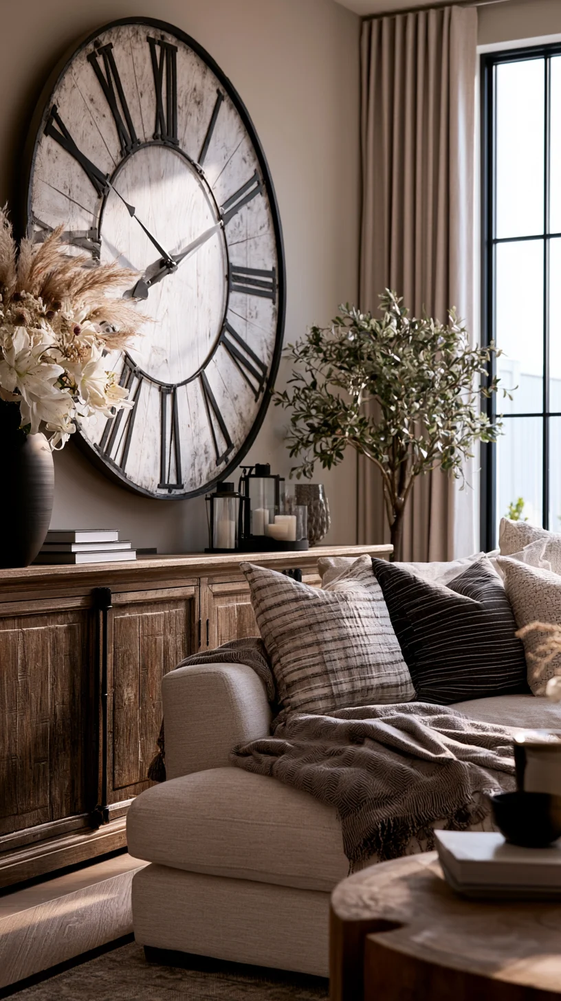 An oversized rustic wall clock as a large decorative focal point in a living room, photo 2 of 4