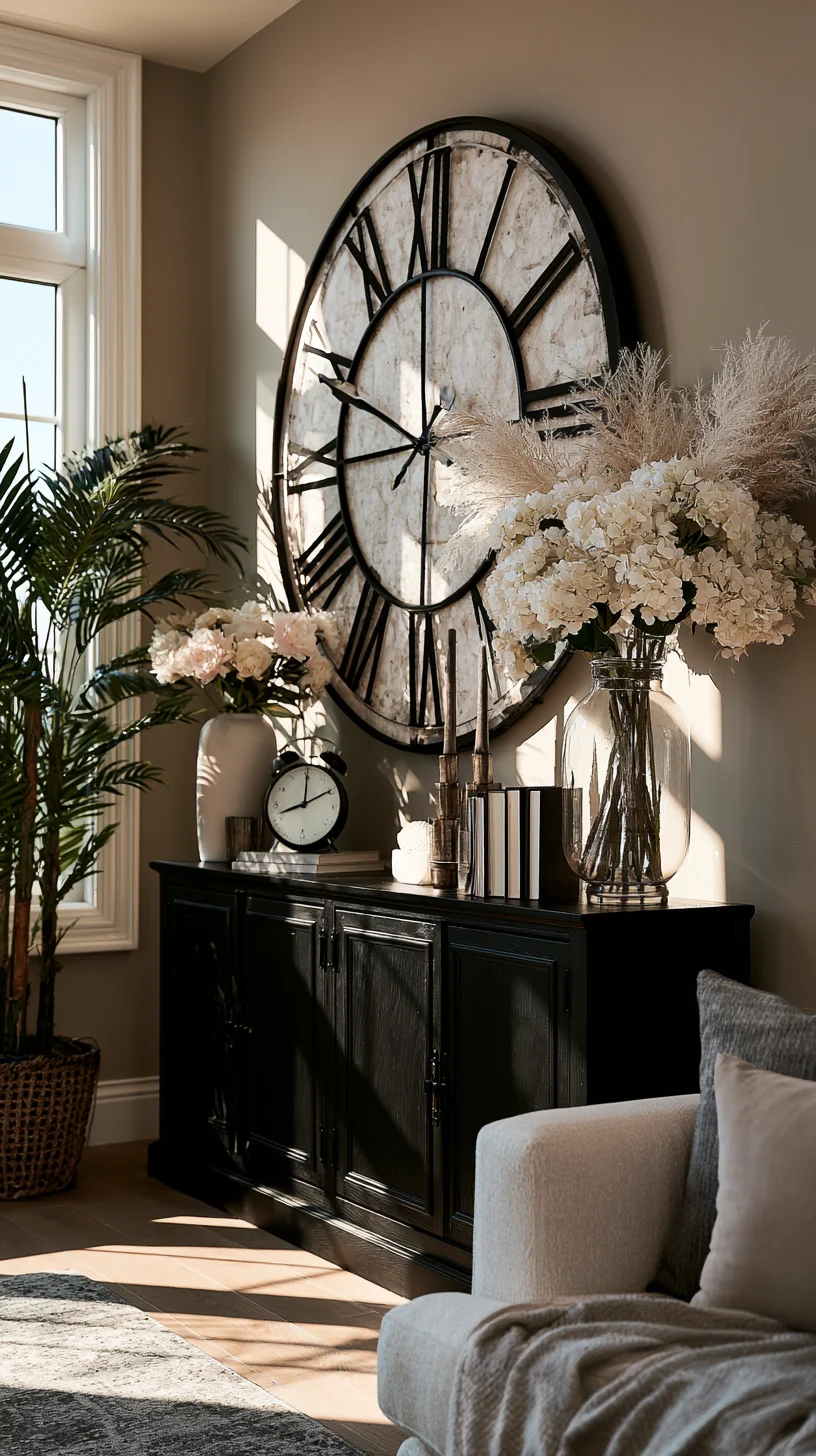 An oversized rustic wall clock as a large decorative focal point in a living room, photo 3 of 4