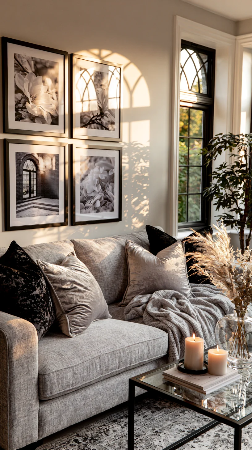 A neat symmetrical grid of matching framed prints on a modern living room wall, photo 1 of 4