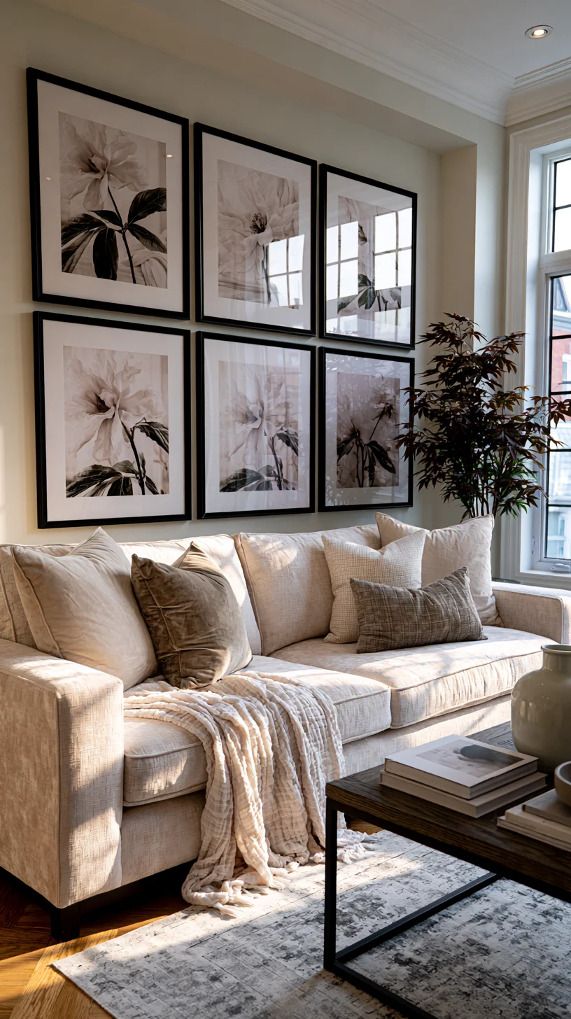 A neat symmetrical grid of matching framed prints on a modern living room wall, photo 2 of 4