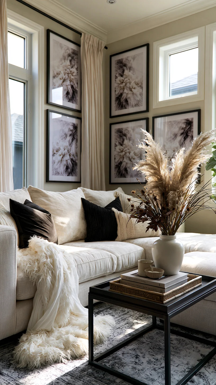 A neat symmetrical grid of matching framed prints on a modern living room wall, photo 3 of 4