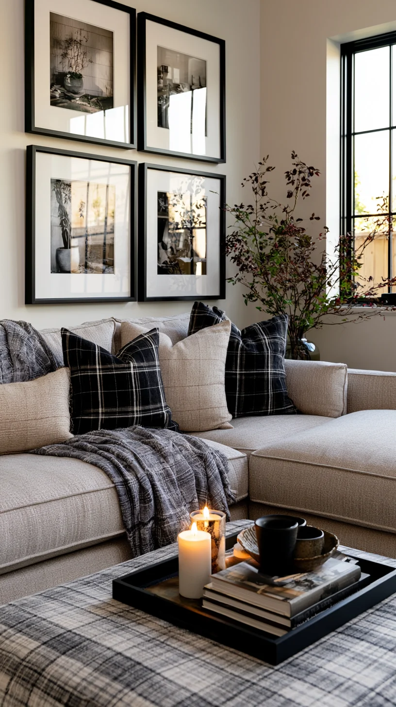 A neat symmetrical grid of matching framed prints on a modern living room wall, photo 4 of 4