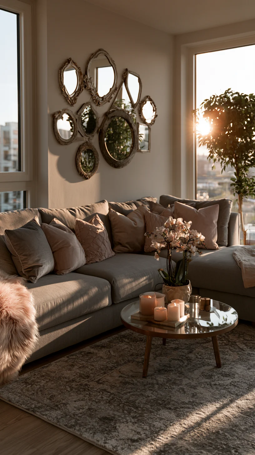 A gallery arrangement of small vintage mirrors clustered on a living room wall, photo 1 of 4