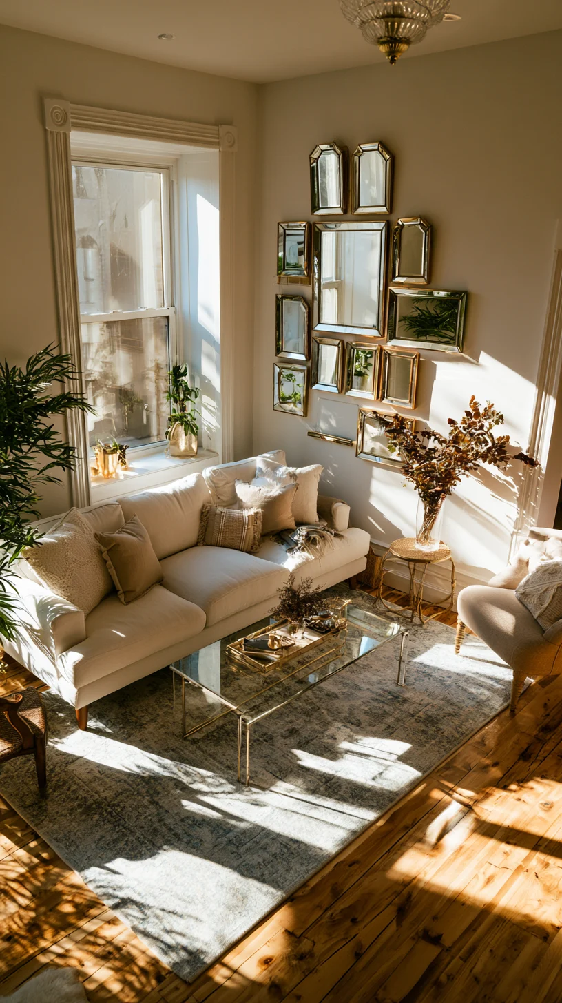 A gallery arrangement of small vintage mirrors clustered on a living room wall, photo 2 of 4