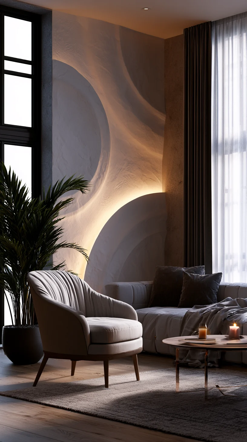 A set of neutral 3D textured wall art panels adding depth to a living room wall, photo 1 of 4