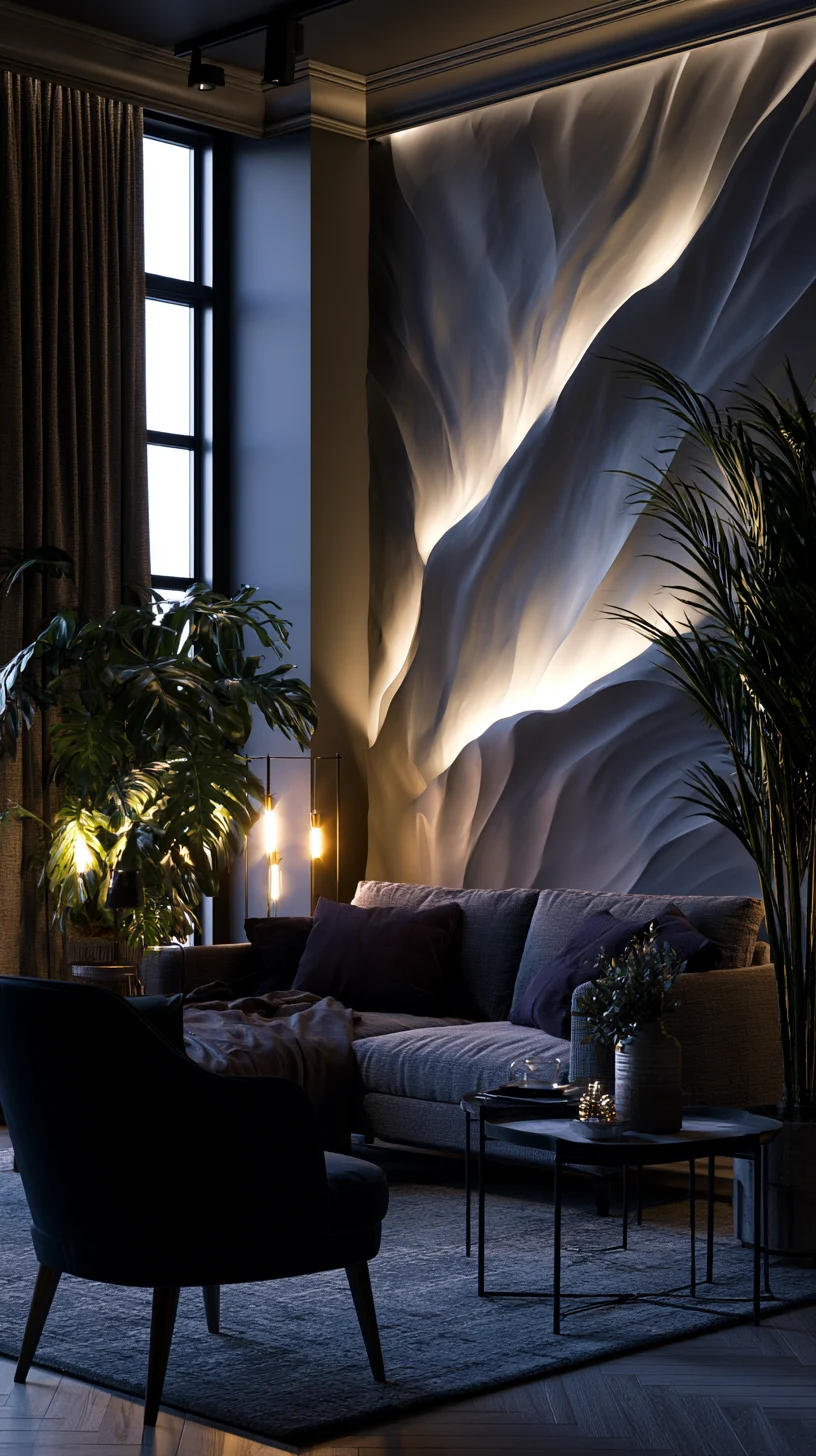 A set of neutral 3D textured wall art panels adding depth to a living room wall, photo 2 of 4