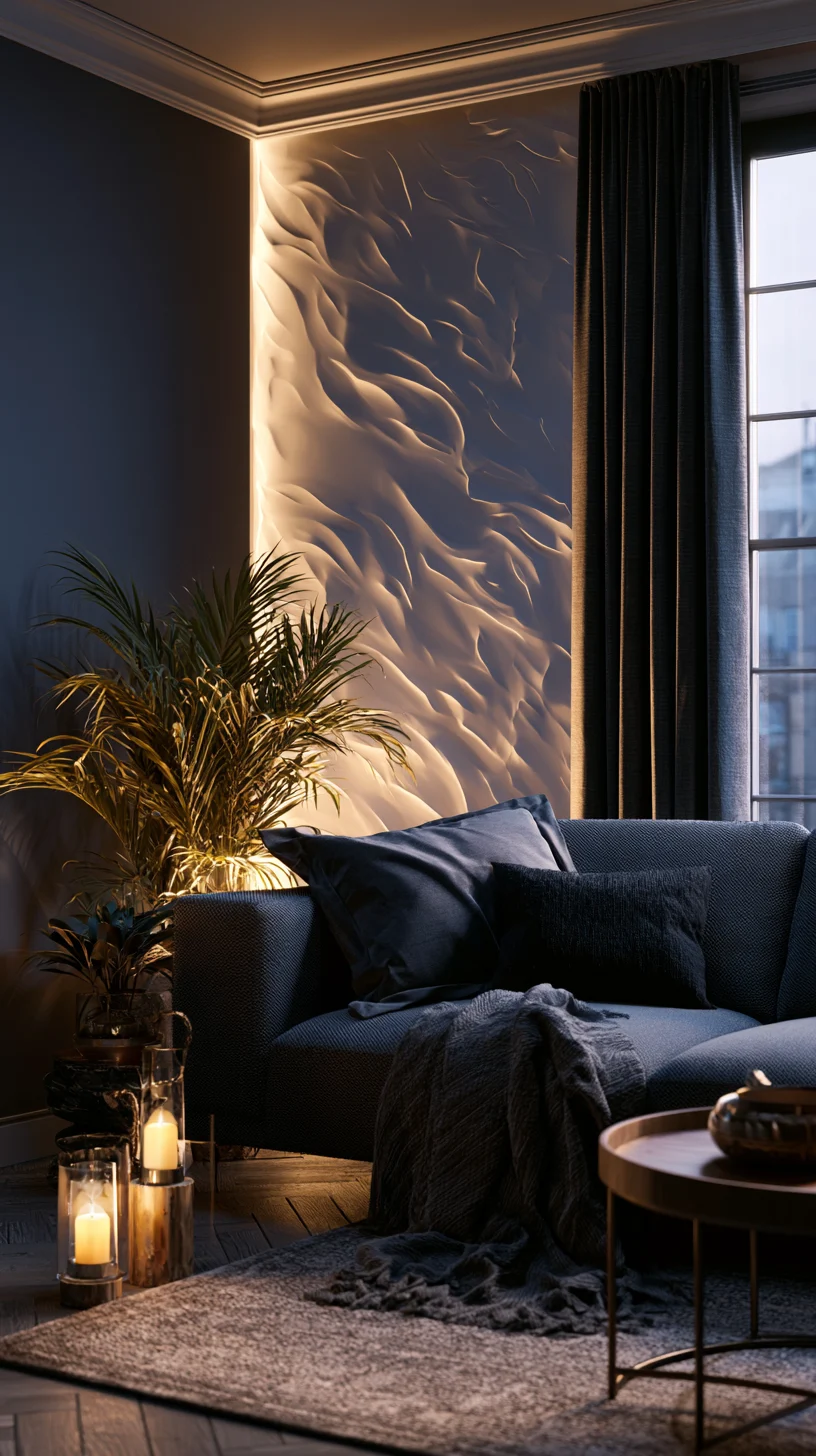 A set of neutral 3D textured wall art panels adding depth to a living room wall, photo 3 of 4