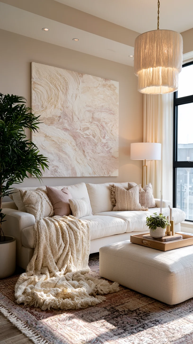 A large quilted fiber art panel softening a wide living room wall, photo 1 of 3