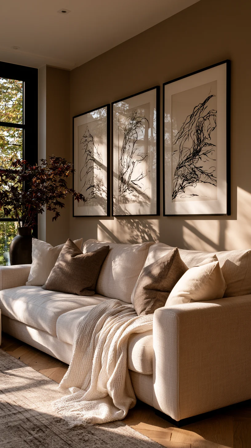 A row of minimalist line-art prints along a modern living room wall, photo 2 of 4