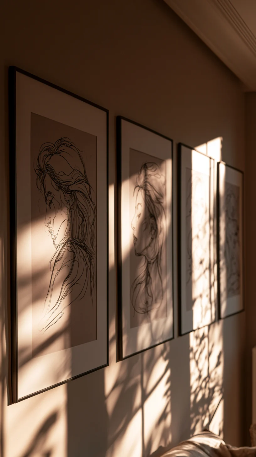A row of minimalist line-art prints along a modern living room wall, photo 3 of 4