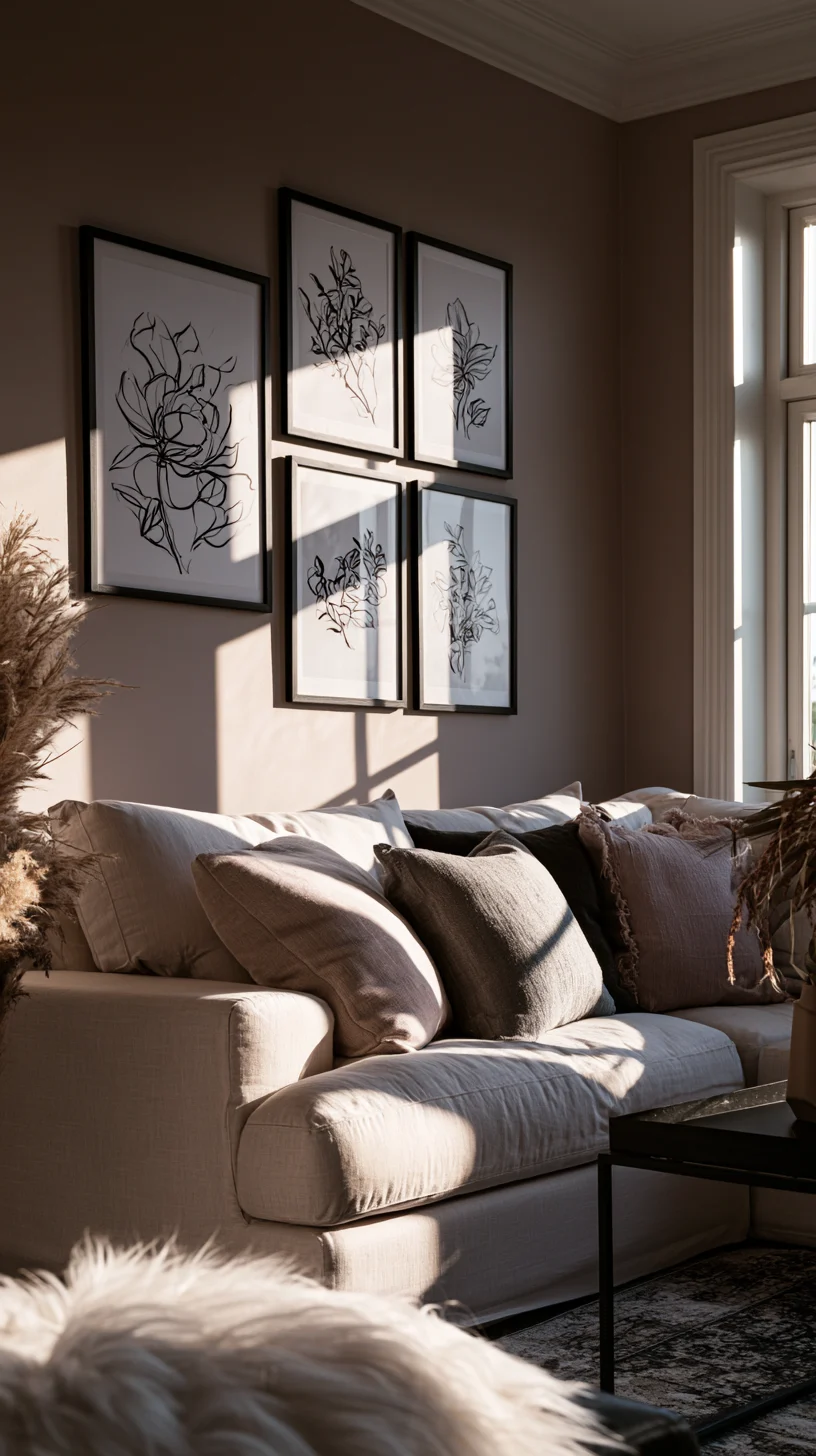 A row of minimalist line-art prints along a modern living room wall, photo 4 of 4