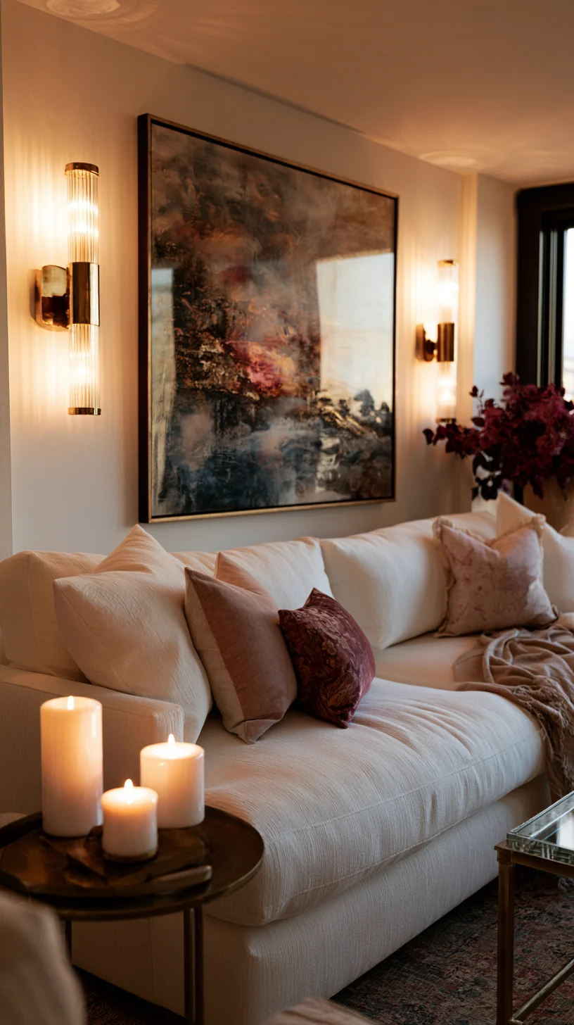 A pair of wall sconces flanking large art on a living room wall, photo 1 of 4
