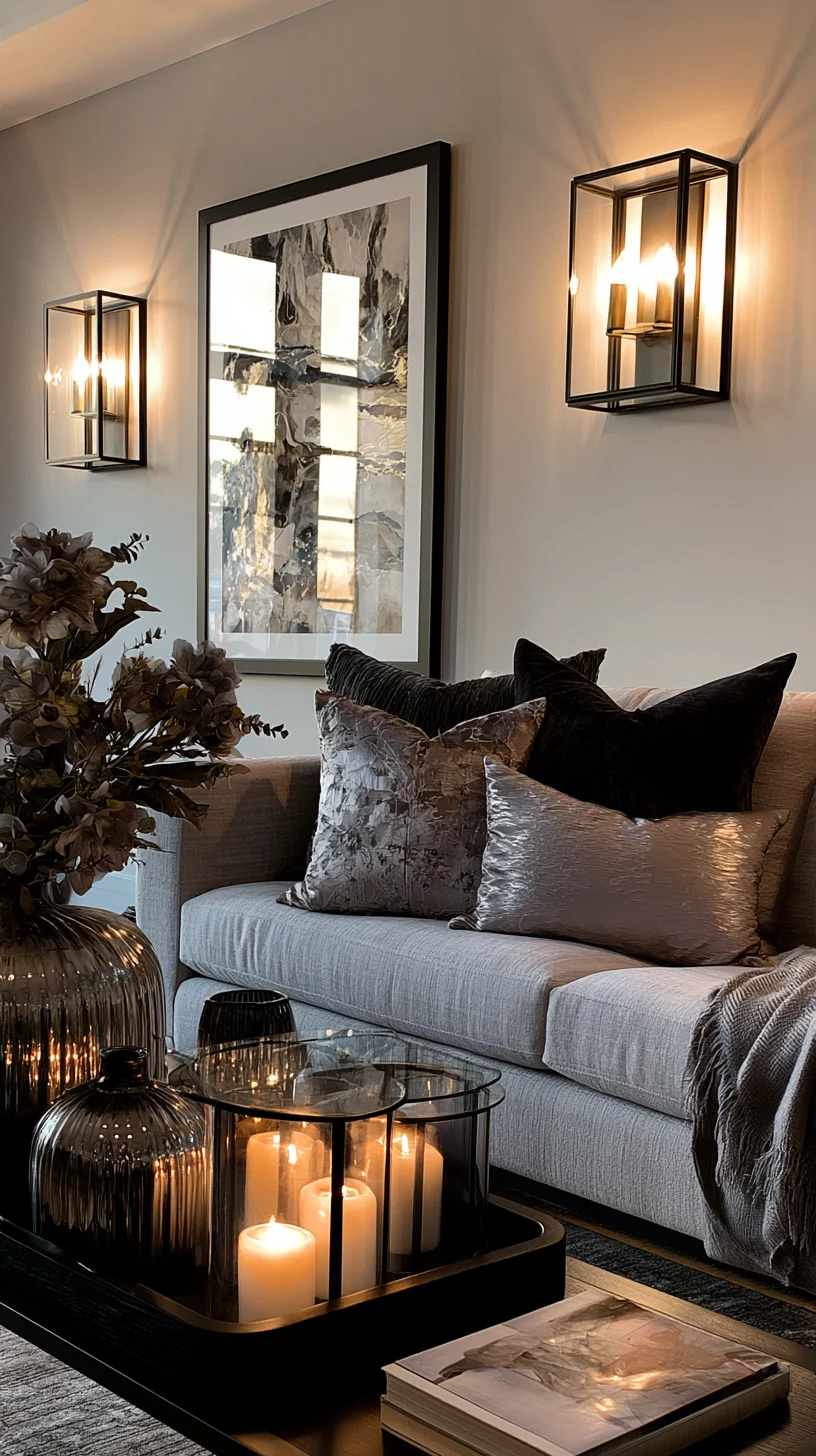 A pair of wall sconces flanking large art on a living room wall, photo 2 of 4
