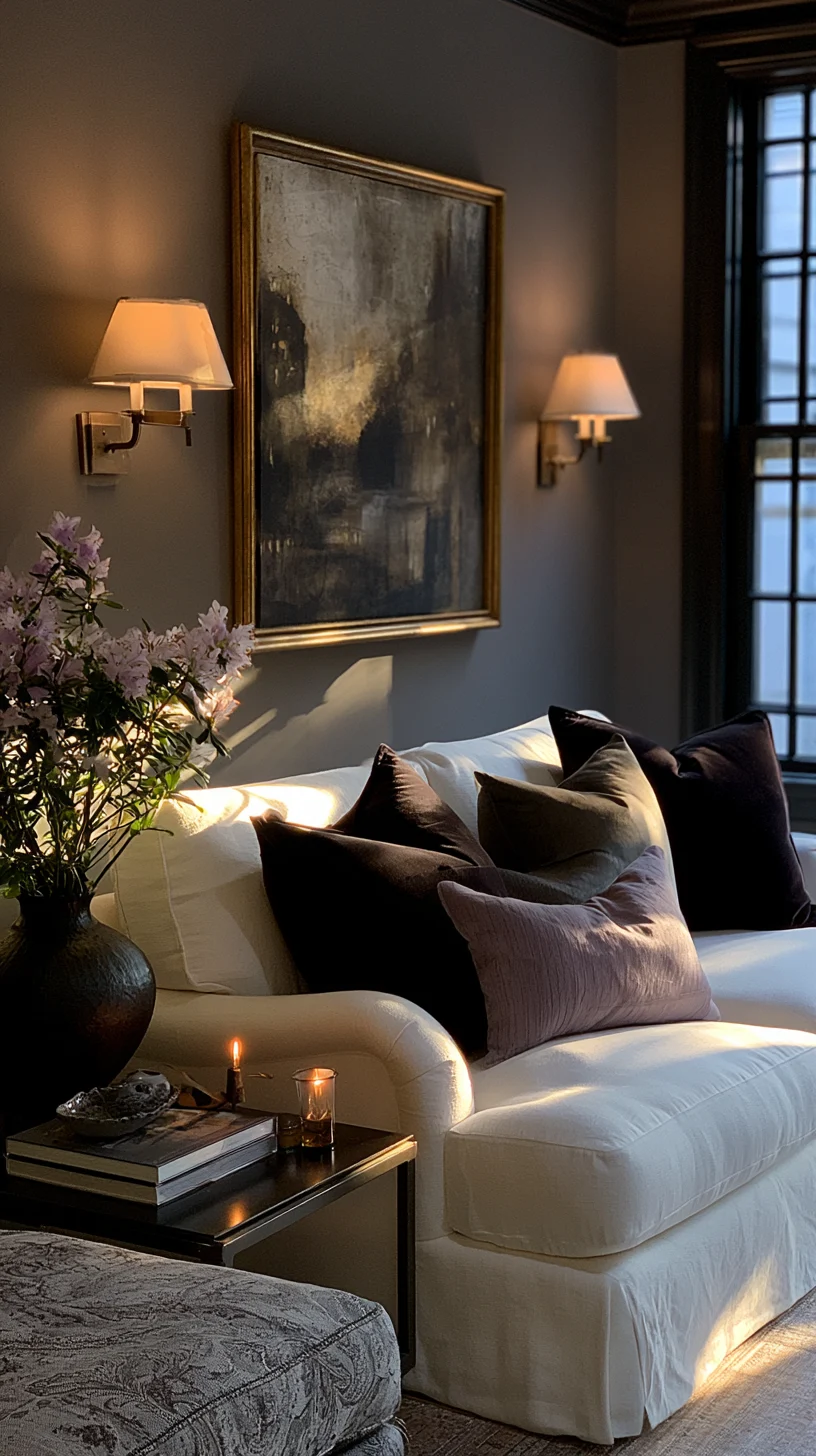 A pair of wall sconces flanking large art on a living room wall, photo 3 of 4