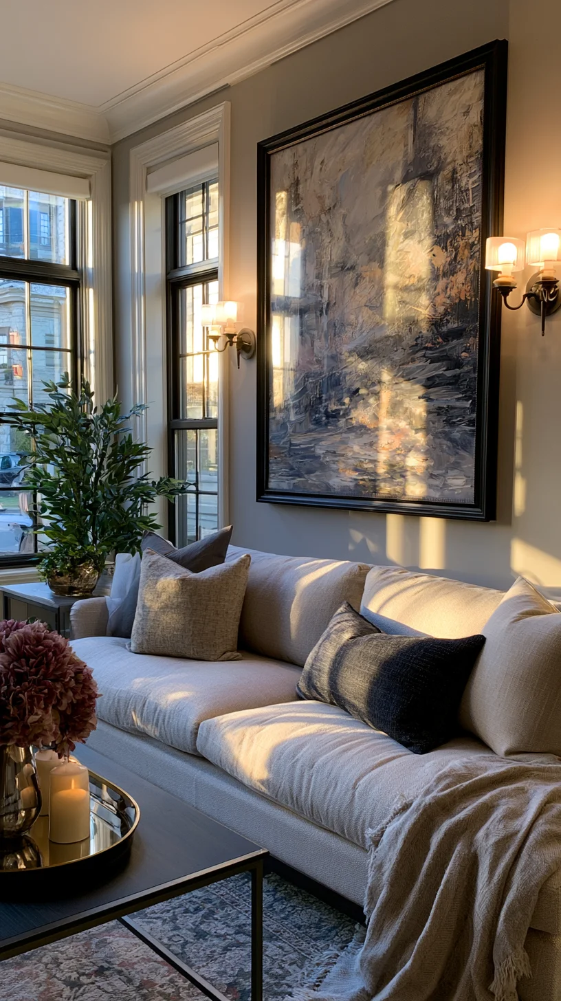 A pair of wall sconces flanking large art on a living room wall, photo 4 of 4