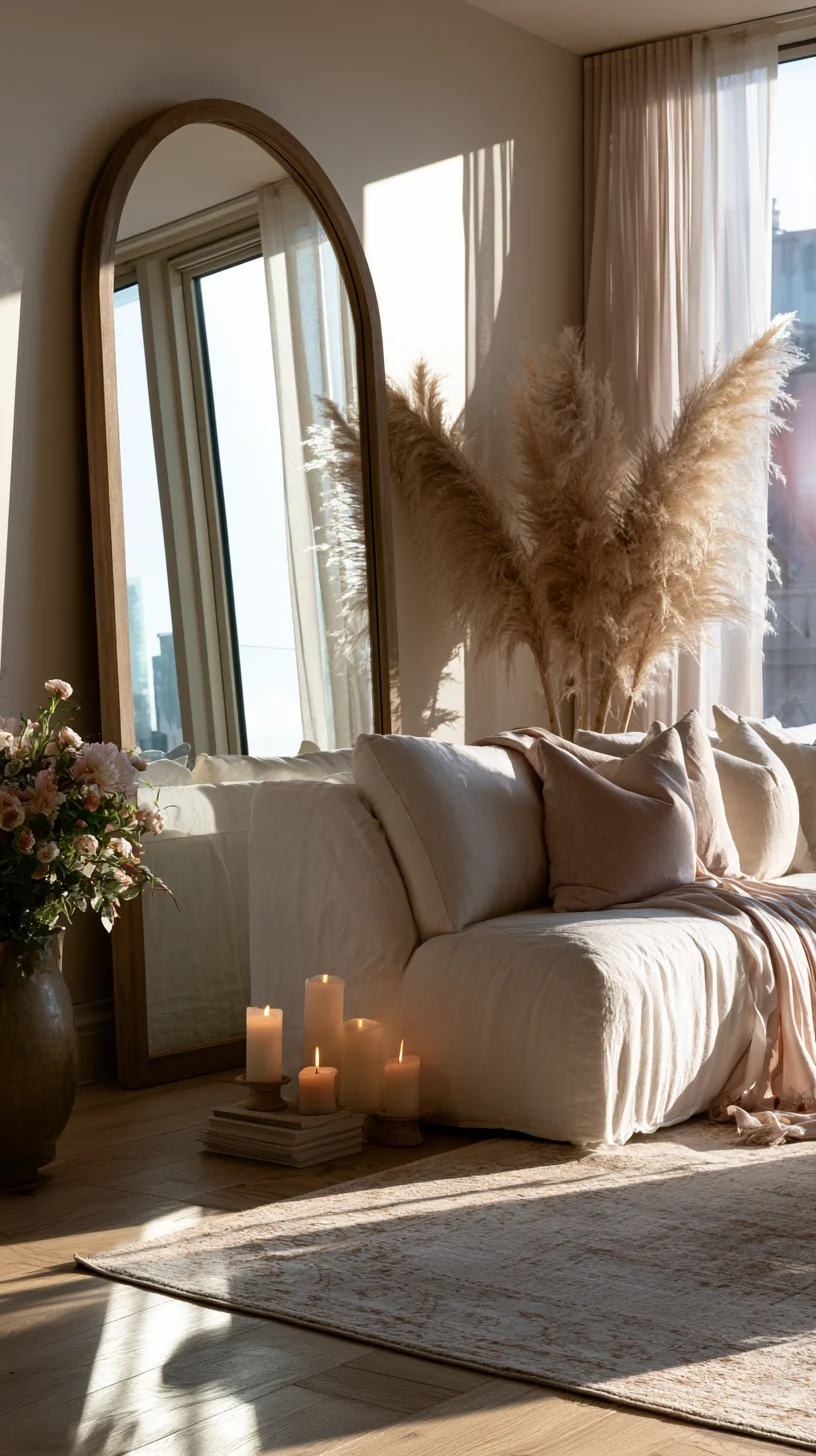 A tall arched mirror drawing the eye upward in a modern living room, photo 1 of 3