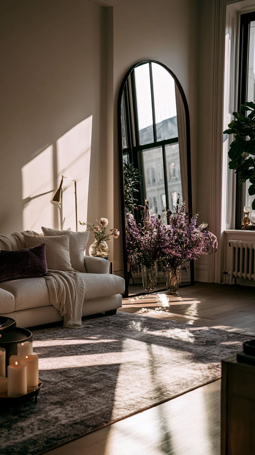 A tall arched mirror drawing the eye upward in a modern living room, photo 2 of 3