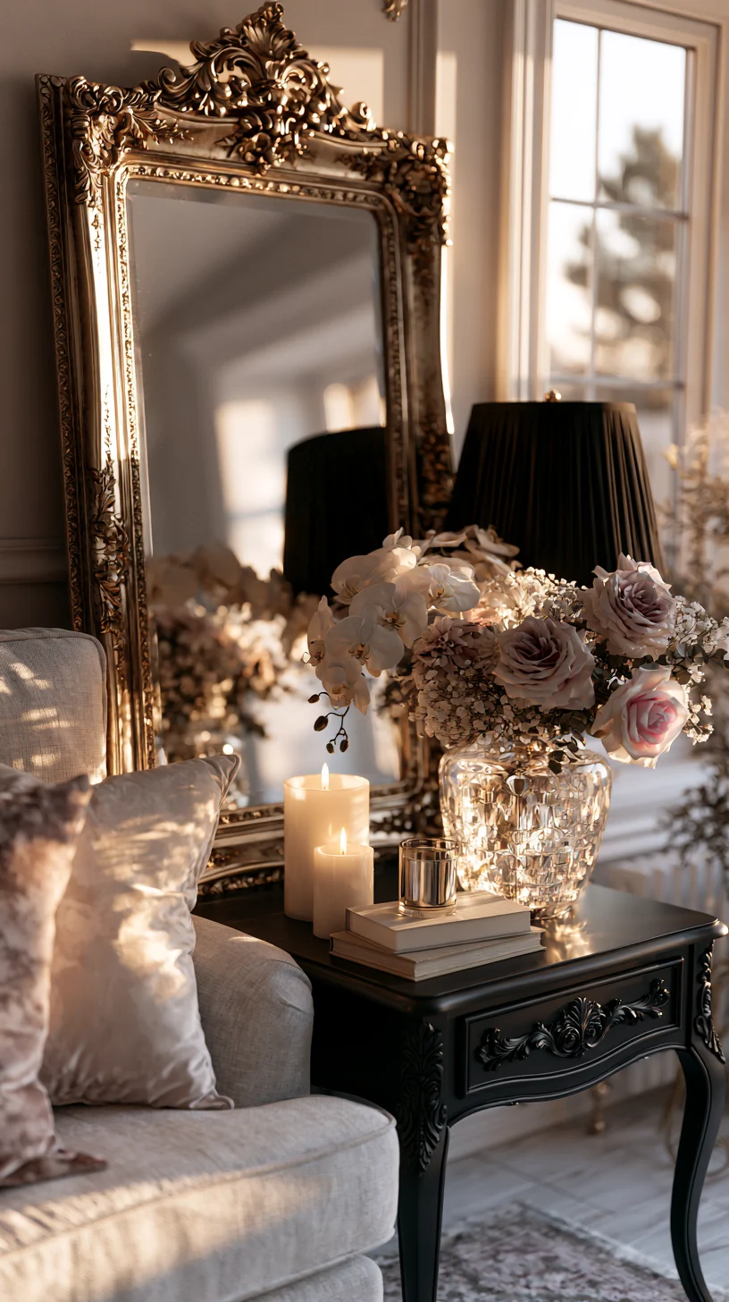 An ornate gold baroque mirror as a dramatic accent on a living room wall, photo 1 of 4
