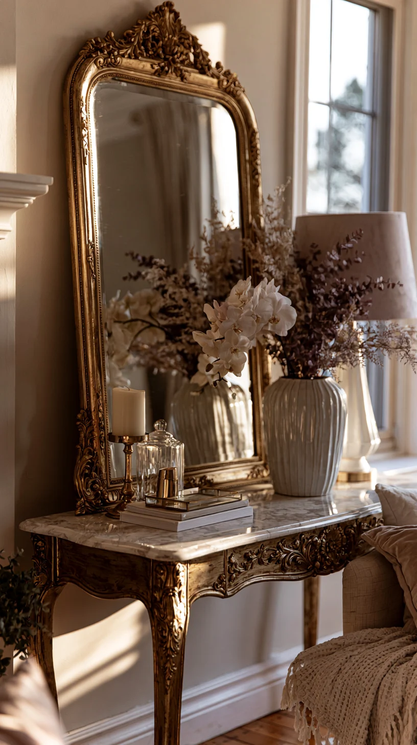 An ornate gold baroque mirror as a dramatic accent on a living room wall, photo 2 of 4