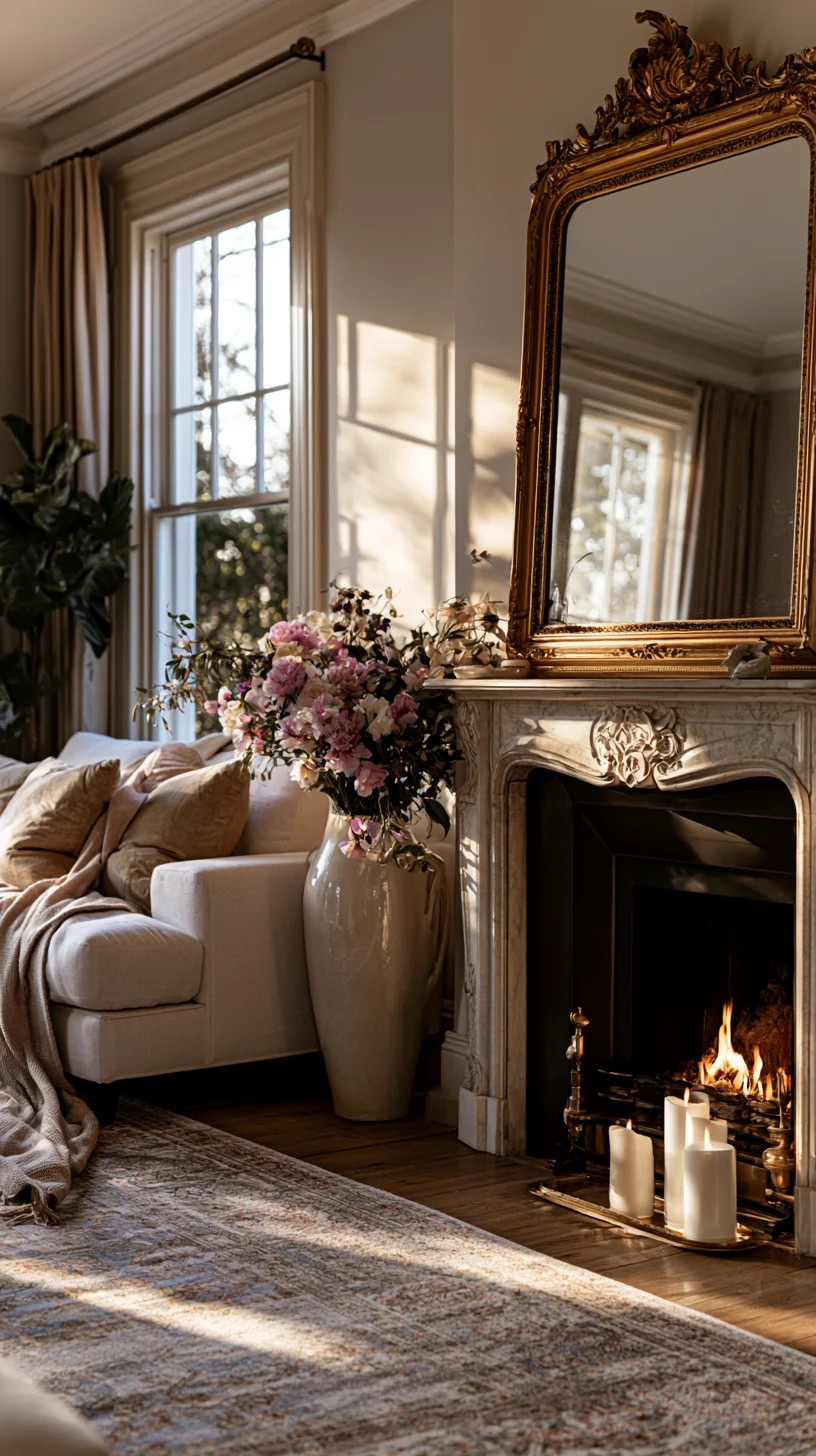An ornate gold baroque mirror as a dramatic accent on a living room wall, photo 3 of 4